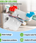 Heavy Duty Washer Water Inlet Valve Replacement That Fixes Leaks, Overfilling, Slow Fill, And Temperature Fluctuations For Popular Whirlpool Maytag Kenmore Amana Crosley Machines, Replaces W11210459 And AP6329217. White plastic washer inlet valve with red and blue ports