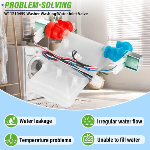 Heavy Duty Washer Water Inlet Valve Replacement That Fixes Leaks, Overfilling, Slow Fill, And Temperature Fluctuations For Popular Whirlpool Maytag Kenmore Amana Crosley Machines, Replaces W11210459 And AP6329217. White plastic washer inlet valve with red and blue ports