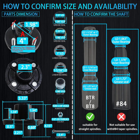 Diagram showing measurements for Trailer Hub Kit 4 On 4 Inch 2000 Lb Axle 4 Lug Fits 1 In And 1-1/16 In Spindle with Extra Dust Cap.