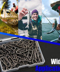Heavy Duty Fishing Power Clips Hefty Pack Of Fifty Quick Release Split Rings And Snaps Stainless Steel Rust Proof Game Changer For Lakes And Rivers Tough As Nails Outdoor Gear with fishing scenes and snap clips in a container.