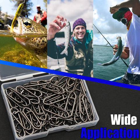 Heavy Duty Fishing Power Clips Hefty Pack Of Fifty Quick Release Split Rings And Snaps Stainless Steel Rust Proof Game Changer For Lakes And Rivers Tough As Nails Outdoor Gear with fishing scenes and snap clips in a container.