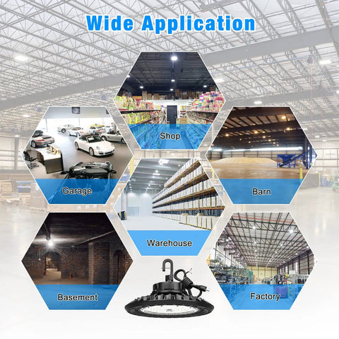 Ultra Bright 150W LED High Bay Shop Light 22500LM 5000K Daylight 0 to 10V Dimmable US Plug shown in various applications