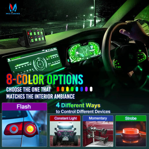 Dashboard with RGB 5 Inch 8 Gang Car Switch Panel With Beefed Up High Power Output 6 Level Brightness and lighting options.