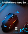 Ultra Responsive Wireless Gaming Mouse For Serious Gamers With 10000 DPI Onboard Settings And Eight Macro Buttons Rapid Fire Key And RGB Backlight For PC Mac And Laptop Gaming, shown in side view with wireless dongle.