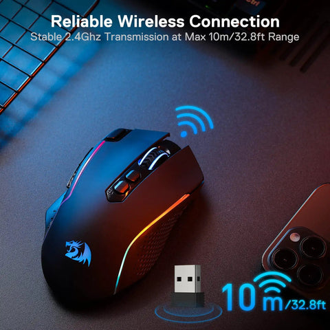 Ultra Responsive Wireless Gaming Mouse For Serious Gamers With 10000 DPI Onboard Settings And Eight Macro Buttons Rapid Fire Key And RGB Backlight For PC Mac And Laptop Gaming, shown in side view with wireless dongle.