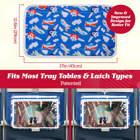 Kids Airplane Tray Table Cover With Storage Pockets For Toys And Snacks Portable Travel Organizer For Toddlers Fits Most Airplane Trays Dino Theme Easy Access On The Go Travel Essentials displayed on airplane seats