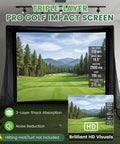 All In One Golf Simulator Enclosure Kit With Pro Grade HD Impact Screen in home setup with performance stats displayed