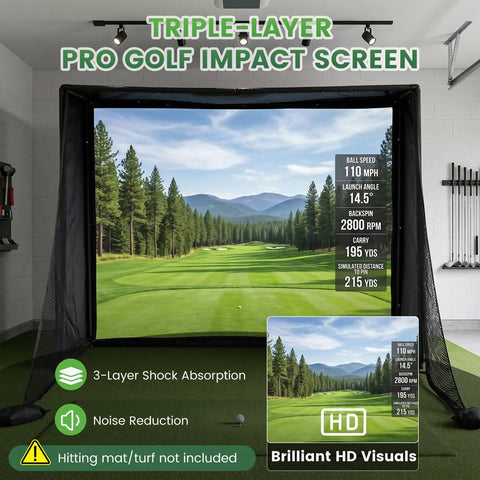 All In One Golf Simulator Enclosure Kit With Pro Grade HD Impact Screen in home setup with performance stats displayed