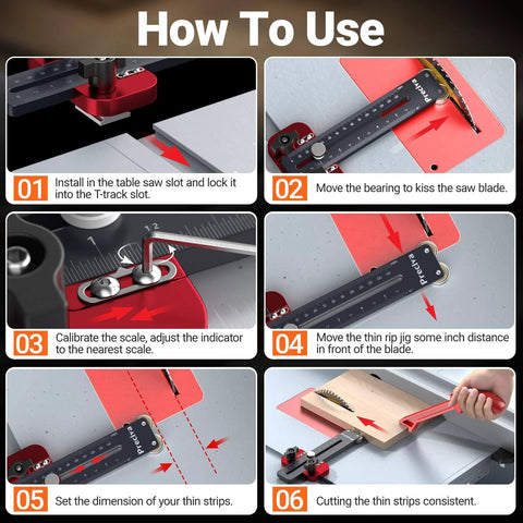 Step-by-step guide showing how to use the Thin Rip Jig and Push Stick for Table Saws, aligning and adjusting for precise cuts.