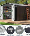 10x10 Foot Storage Shed For Backyard And Garden, Metal Tool Shed with open doors showing interior storage, grey