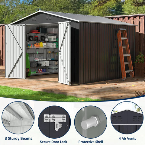 10x10 Foot Storage Shed For Backyard And Garden, Metal Tool Shed with open doors showing interior storage, grey
