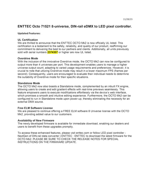 Document showing details of ENTEEC Octo 71521 8-universe, DIN-rail eDMX to LED pixel controller.