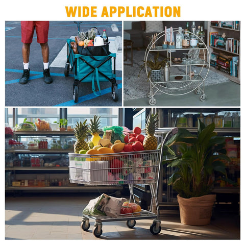 Wide application of 4 Pack 5 Inch TPU Shopping Cart Wheels Replacement With Screws For Five Sixteenth Inch Bore shown on utility carts