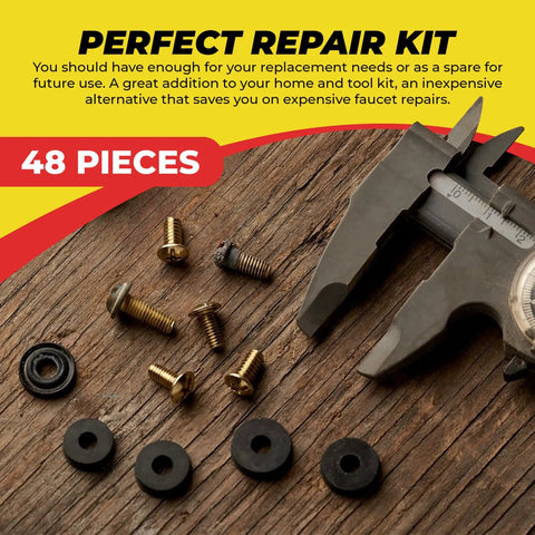 Assorted Faucet Washers Kit For Indoor And Outdoor Repair with washers, screws, and caliper on wooden surface, 48-piece kit.