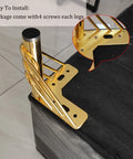 7 Inch Heavy Duty Metal Triangle Furniture Legs Set Of 4 In Luxury Gold Finish attached to corner of furniture, screws visible.