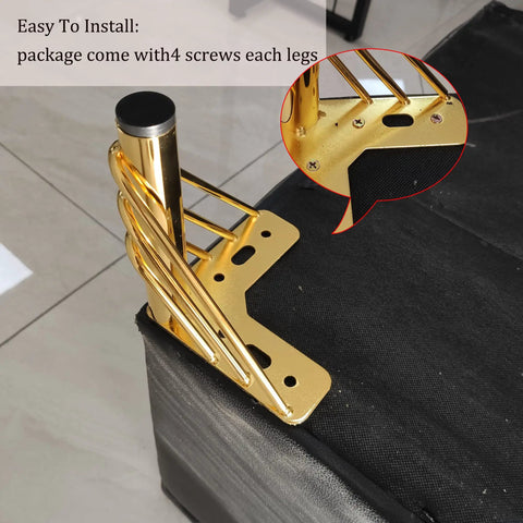 7 Inch Heavy Duty Metal Triangle Furniture Legs Set Of 4 In Luxury Gold Finish attached to corner of furniture, screws visible.