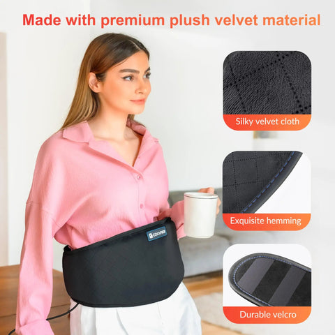 Woman using Plug In Back Heating Pad With Vibration Massager Low Heat And Auto Shut Off Heated Waist Belt for lower back pain relief