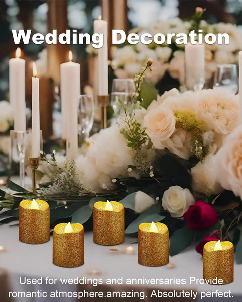 Gold Flameless Votive Candles 24 Pack Battery Operated LED Tea Lights For Wedding Centerpieces And Home Decor on table