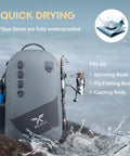 Waterproof Fishing Backpack With Rod Holder And Submersible Zipper Inflatable Valve Padded Waist Straps Gear Loops Net Sleeve Top Handle And Adjustable Attachments For Anglers On The Go in gray displayed near water and rocks.
