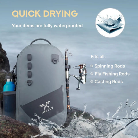Waterproof Fishing Backpack With Rod Holder And Submersible Zipper Inflatable Valve Padded Waist Straps Gear Loops Net Sleeve Top Handle And Adjustable Attachments For Anglers On The Go in gray displayed near water and rocks.