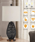 Touch Control Rattan Table Lamps Set Of 2 With 3 Way Dimming USB Ports And AC Outlet Wicker Nightstand Lamps For Bedroom LED Bulbs Included