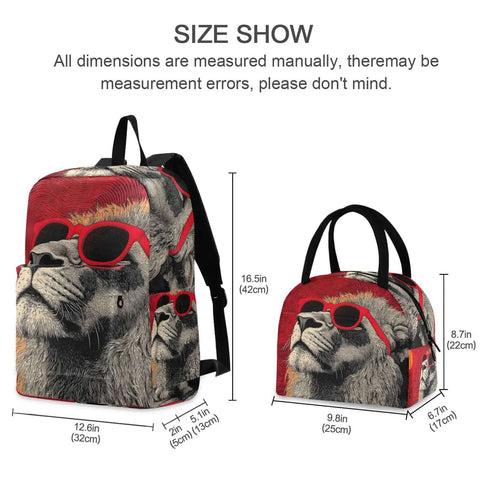 Lion Sunglass Backpack With Insulated Cooler Lunch Box set, showing lion design, nylon material, multiple pockets, sizes labeled