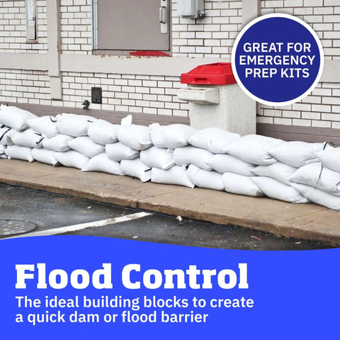 Stacked Beefy Heavy Duty Sand Bags With Tie Strings For Flood Control, white woven polypropylene, 50 lb capacity, outdoor use