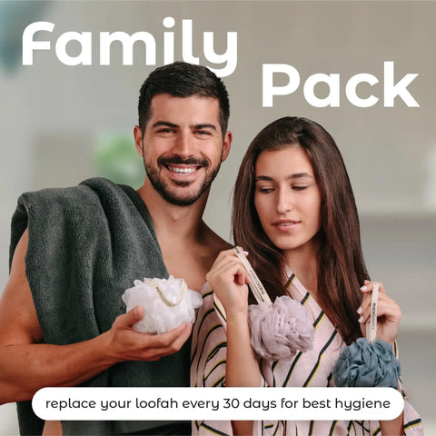Set of 3 Soft Mesh Bath Shower Loofah Sponges Pouf Body Scrubbers For Gentle Exfoliation And Deep Cleanse With Spa Quality Feel Airy Blossom Color Premium held by couple