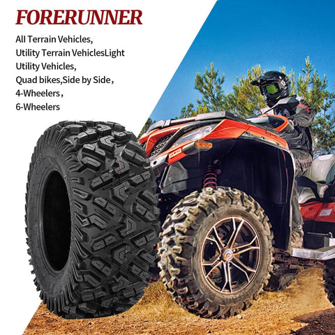 Beefed Up All Terrain ATV UTV Tires 25X10-12 6PR Tubeless Set Of 2 shown with ATV on rugged trail terrain.