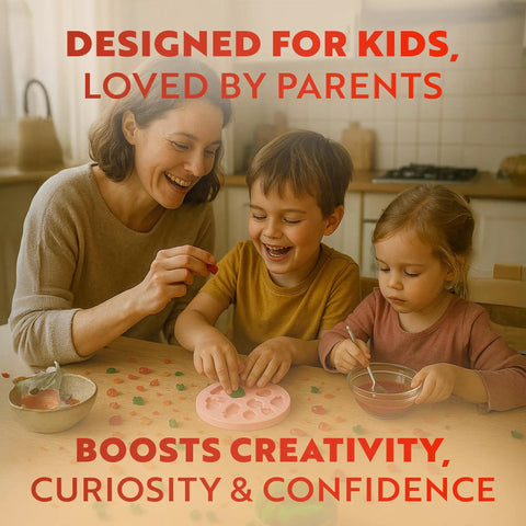 Family using Hands On Edible Candy Making Science Kit For Kids Ages 8 To 12 With 40 Fun Experiments in a kitchen setting