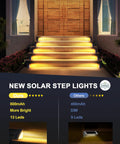 Solar LED Step Lights For Outdoor Stairs Waterproof IP67 Weatherproof Dope Warm White Deck Lights 12 Pack glowing on steps