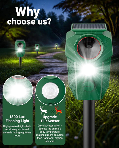 Solar Ultrasonic Deer Repellent With Motion Sensor And Led Flashing Lights For Outdoor Yard Garden And Lawn Keep Deer Cats Raccoons Coyotes And Dogs Away With Waterproof Weatherproof Design, green stake light