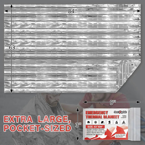 Extra Large 84 Inch By 63 Inch Thermal Mylar Emergency Blanket Kit laying flat with packaging detail shown.
