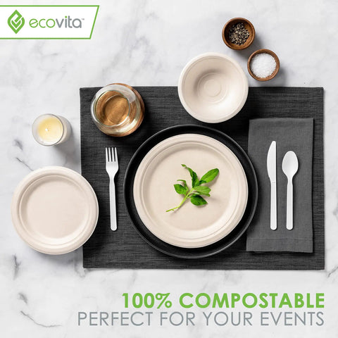 100 Percent Compostable 9 Inch Paper Plates For Parties, 150 Disposable Eco Friendly Tree Free Dinnerware Party Ready Liquid And Heat Resistant