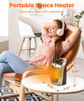 Woman relaxing in chair with 1500W Portable Ceramic Space Heater For Indoor Use With 3 Modes Thermostat Adjustable Quiet Under 45dB Tip Over And Overheat Protection Compact Desk Office Heater For Bedroom Silver on table