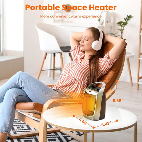 Woman relaxing in chair with 1500W Portable Ceramic Space Heater For Indoor Use With 3 Modes Thermostat Adjustable Quiet Under 45dB Tip Over And Overheat Protection Compact Desk Office Heater For Bedroom Silver on table