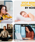 Collage of people reading, meditating, sleeping, and working on a laptop to illustrate reducing noise distractions.