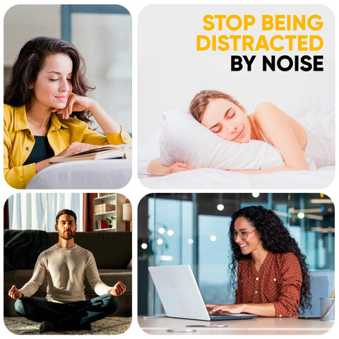 Collage of people reading, meditating, sleeping, and working on a laptop to illustrate reducing noise distractions.