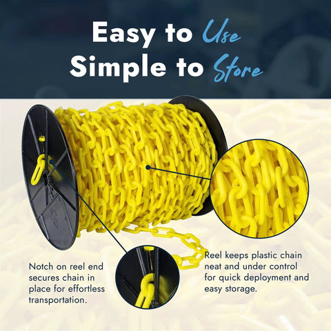 Yellow plastic chain reel with organizational tips, notched secure end, Red Plastic Barrier Chain Reel For Crowd Control To Keep Folks In Line