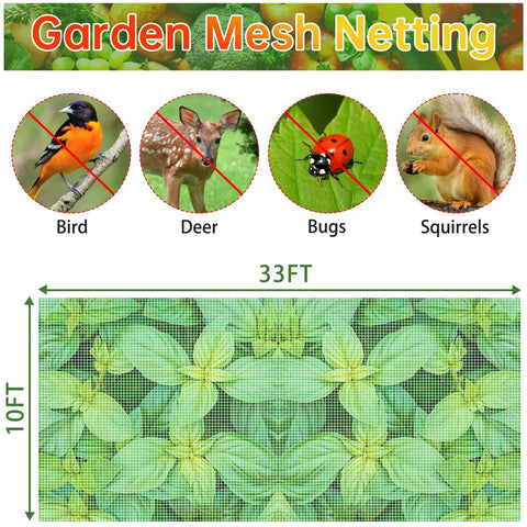 Two Pack Ultra Fine Garden Netting 10x33Ft See Through Insect Barrier For Protecting Veggies Fruits Flowers And Plants From Birds And Pests While Letting Air Water And Sunlight Pass Through, showing mesh size and pest deterrent capabilities.