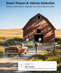 Solar Powered Cellular Security Camera With Dual Wifi And 4G LTE Connectivity For Wireless Outdoor Surveillance Featuring No Fuss Installation And Holds Its Ground Anywhere near barn capturing person and vehicle detection.