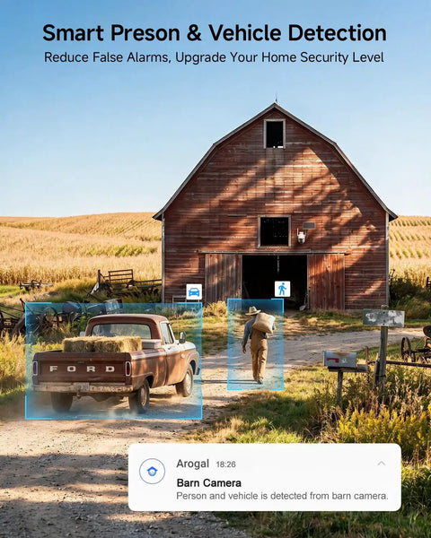 Solar Powered Cellular Security Camera With Dual Wifi And 4G LTE Connectivity For Wireless Outdoor Surveillance Featuring No Fuss Installation And Holds Its Ground Anywhere near barn capturing person and vehicle detection.