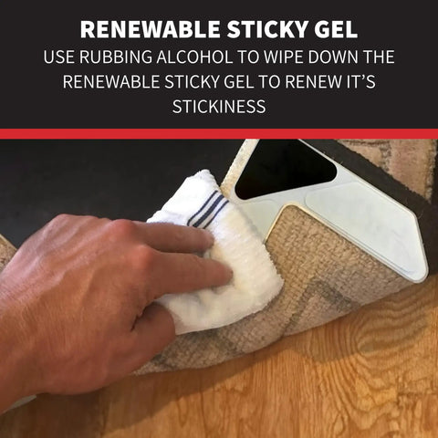 Renewable sticky gel on Rug Corner Grippers Four Pack That Keeps Rugs Flat And In Place, No More Curling, Reusable Carpet Grip Pads.