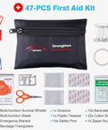 Car Roadside Emergency Kit with Jumper Cables, First Aid Kit showing band-aids, scissors, tweezers, and survival gear