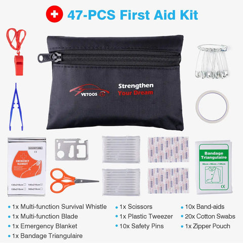 Car Roadside Emergency Kit with Jumper Cables, First Aid Kit showing band-aids, scissors, tweezers, and survival gear
