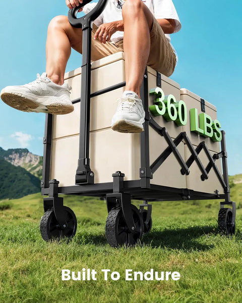 Heavy Duty Foldable Wagon Cart With 360 Lb Load Capacity, 90L Expandable Storage, 2 Cup Holders, 600D Oxford Fabric