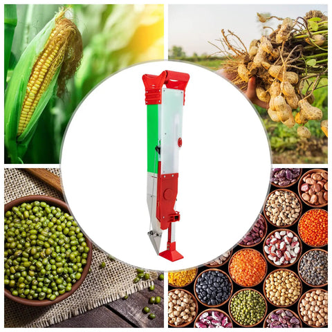 Handheld Garden Seeder And Planter Tool For Quick, Precise Sowing Of Corn, Beans, Peas And Veggies, collage with seeds and crops