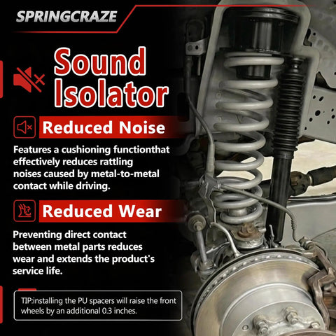 Sound isolator feature on Drop In Ready Heavy Duty Two Inch Front Leveling Kit With Strut Spacers And Shock Extenders.
