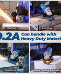 4-1/2-Inch Corded Angle Grinder 1100W 11800RPM Pure Copper Motor shown in action cutting, grinding, polishing heavy-duty materials.