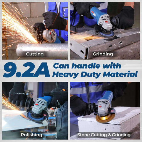 4-1/2-Inch Corded Angle Grinder 1100W 11800RPM Pure Copper Motor shown in action cutting, grinding, polishing heavy-duty materials.